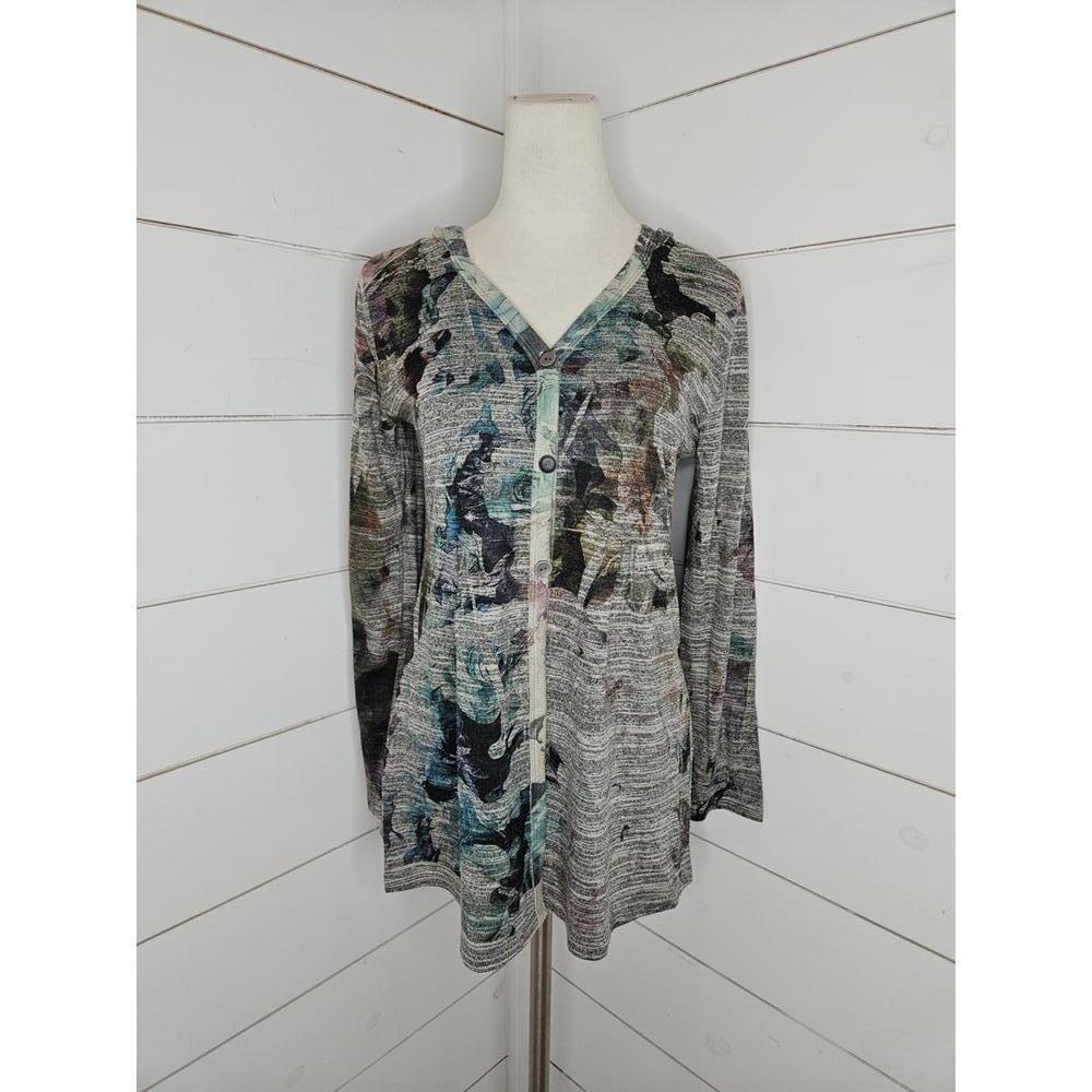 Cubism small heathered grey multicolored hooded button down cardigan